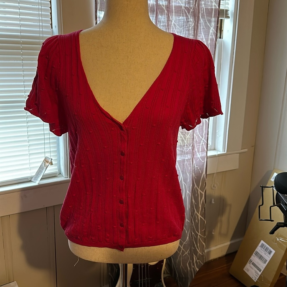 Bright pink Sezane short sleeved cardigan, M